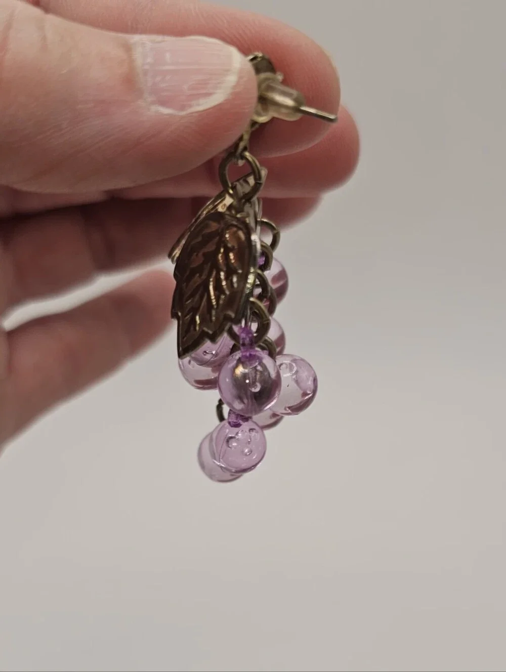 Vintage Purple Grape Cluster Drop Earrings with Gold Leaves